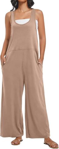 Womens Jumpsuit Summer Loose Overalls Casual Trendy Long Pants U Neck Wide leg Romper with Pockets in Saudi Arabia