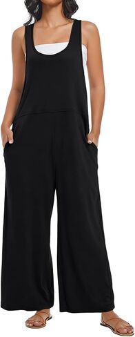 Womens Jumpsuit Summer Loose Overalls Casual Trendy Long Pants U Neck Wide leg Romper with Pockets in Saudi Arabia
