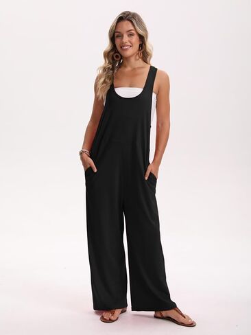 Womens Jumpsuit Summer Loose Overalls Casual Trendy Long Pants U Neck Wide leg Romper with Pockets in Saudi Arabia