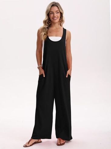 Womens Jumpsuit Summer Loose Overalls Casual Trendy Long Pants U Neck Wide leg Romper with Pockets in Saudi Arabia