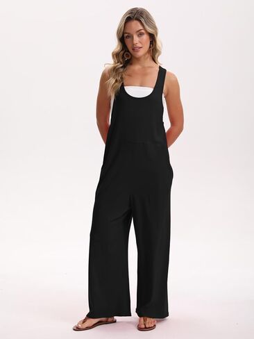 Womens Jumpsuit Summer Loose Overalls Casual Trendy Long Pants U Neck Wide leg Romper with Pockets in Saudi Arabia