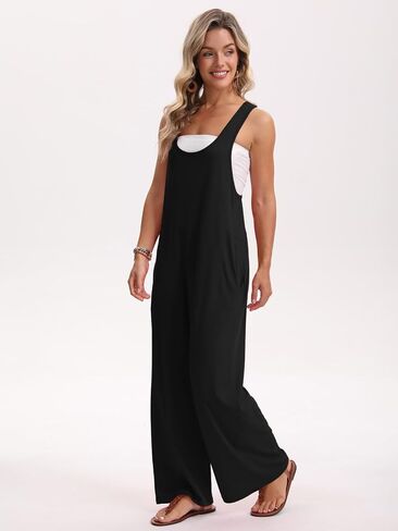 Womens Jumpsuit Summer Loose Overalls Casual Trendy Long Pants U Neck Wide leg Romper with Pockets in Saudi Arabia