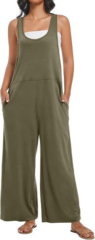 Womens Jumpsuit Summer Loose Overalls Casual Trendy Long Pants U Neck Wide leg Romper with Pockets in Saudi Arabia