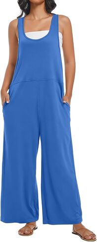 Womens Jumpsuit Summer Loose Overalls Casual Trendy Long Pants U Neck Wide leg Romper with Pockets in Saudi Arabia