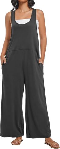 Womens Jumpsuit Summer Loose Overalls Casual Trendy Long Pants U Neck Wide leg Romper with Pockets in Saudi Arabia