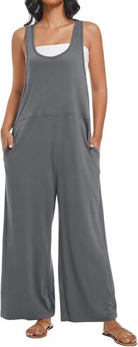 Womens Jumpsuit Summer Loose Overalls Casual Trendy Long Pants U Neck Wide leg Romper with Pockets in Saudi Arabia