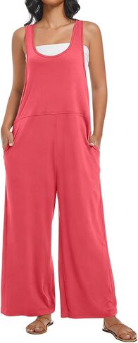 Womens Jumpsuit Summer Loose Overalls Casual Trendy Long Pants U Neck Wide leg Romper with Pockets in Saudi Arabia