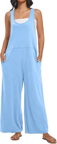 Womens Jumpsuit Summer Loose Overalls Casual Trendy Long Pants U Neck Wide leg Romper with Pockets in Saudi Arabia