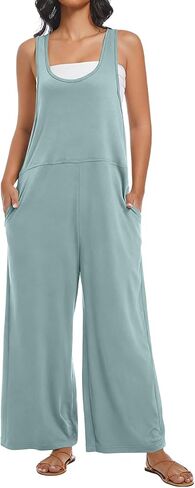 Womens Jumpsuit Summer Loose Overalls Casual Trendy Long Pants U Neck Wide leg Romper with Pockets in Saudi Arabia