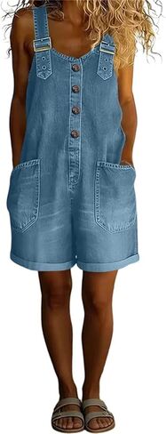 Denim Overall Shorts for Women Jean Romper Sleeveless Loose Fit Denim Short Overalls with Pockets Summer Jumpsuits in Kuwait