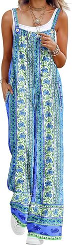 YESNO Casual Wide Leg Jumpsuits for women Summer Boho Bib Pants Overalls Floral Print Pleated Rompers with Pockets PZL in Kuwait