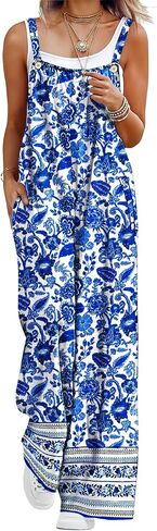 YESNO Casual Wide Leg Jumpsuits for women Summer Boho Bib Pants Overalls Floral Print Pleated Rompers with Pockets PZL in Kuwait