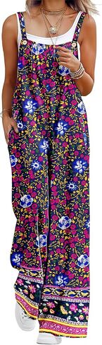 YESNO Casual Wide Leg Jumpsuits for women Summer Boho Bib Pants Overalls Floral Print Pleated Rompers with Pockets PZL in Kuwait