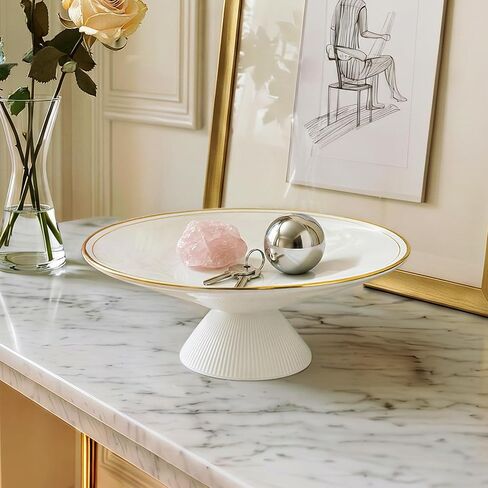 DOWAN 9 Inch Gold Rimmed Footed Decorative Bowl, 42% Bone China Fruit Bowl with Double Gold Line Design, European Ceramic Bowl for Entryway Coffee Table Decor & Storage, Dishwasher Safe in Kuwait