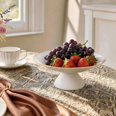 DOWAN 9 Inch Gold Rimmed Footed Decorative Bowl, 42% Bone China Fruit Bowl with Double Gold Line Design, European Ceramic Bowl for Entryway Coffee Table Decor & Storage, Dishwasher Safe in Kuwait