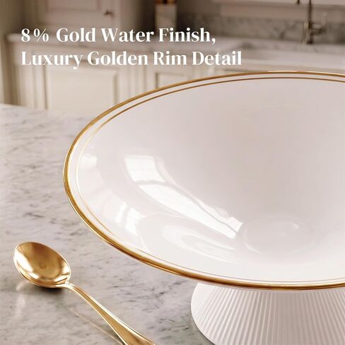 DOWAN 9 Inch Gold Rimmed Footed Decorative Bowl, 42% Bone China Fruit Bowl with Double Gold Line Design, European Ceramic Bowl for Entryway Coffee Table Decor & Storage, Dishwasher Safe in Kuwait