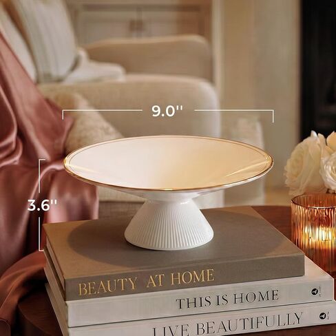 DOWAN 9 Inch Gold Rimmed Footed Decorative Bowl, 42% Bone China Fruit Bowl with Double Gold Line Design, European Ceramic Bowl for Entryway Coffee Table Decor & Storage, Dishwasher Safe in Kuwait