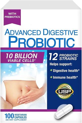 Advanced Digestive Probiotic, 12 Strains, 10 Billion Viable Cells, Gluten, Soy and Dairy Free - 100 Capsules in Kuwait