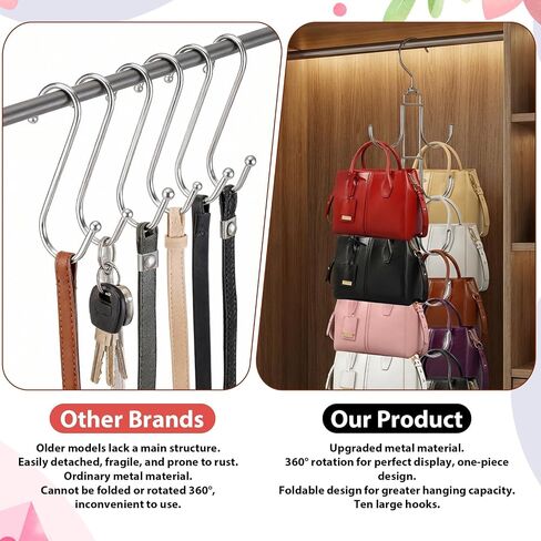 4 Pack Purse Organizer for Closet, Purse Hanger with 10 Big Hooks, 360 Degree Rotation Bag Holder for Organizer Display, Foldable Space Saving Hangers Rack for Handbag, Belt, Scarve, Tie in Saudi Arabia