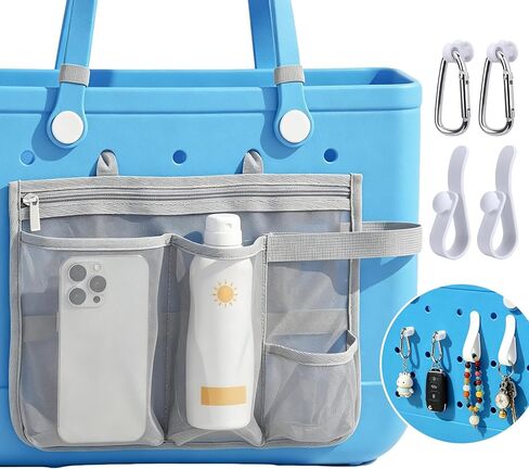 Organizer Holder for Bogg Bag Accessories, Mesh Divider Pouch with Cup & Phone Holder, 2 Key Holders and 2 Hooks Storage Compatible with Bogg Beach Rubber Tote Bag in Saudi Arabia