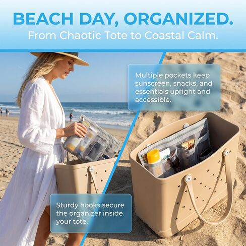 Organizer Holder for Bogg Bag Accessories, Mesh Divider Pouch with Cup & Phone Holder, 2 Key Holders and 2 Hooks Storage Compatible with Bogg Beach Rubber Tote Bag in Saudi Arabia