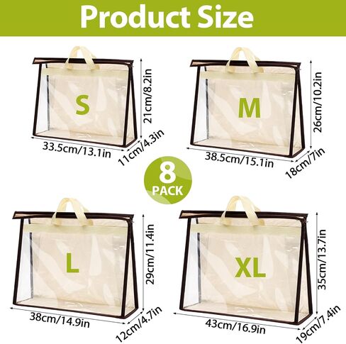 8 Pack Clear Handbag Storage Bags, Hanging Closet Organizer with Zipper, Handles & Hooks, Dustproof Purse Storage, 4 Assorted Sizes in Saudi Arabia