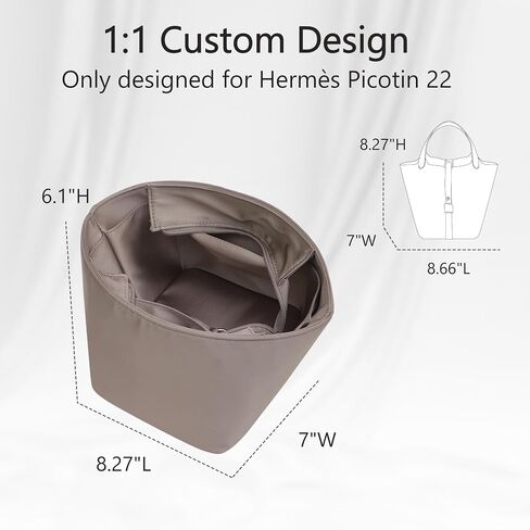 Picotin 22 Bag Insert - Satin Fabric Picotin 22 Bags Purse Organizer Insert with Zipper - Soft & Smooth Touch - Fits Hermes Women's Luxury Handbags Inner Liner(PC22/Etoupe Grey) in Saudi Arabia