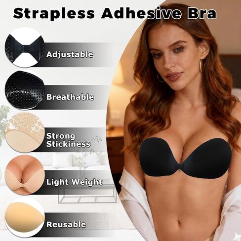 2026 Push Up Sticky Bra,2 Pack Adhesive Invisible Backless Bra, 4 Pairs of Nipple Covers, Reusable, Suitable for Women, Stylish and Fashionable Black in Saudi Arabia
