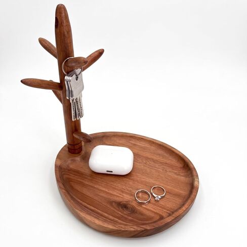 Solid Acacia Key Tray for Entryway Table, Key Holder with 5 Hooks and Catchall Tray, Organizer for Wallet, Watch, Jewelry, Dresser Nightstand Room Decor Gift in Saudi Arabia