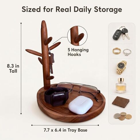 Solid Acacia Key Tray for Entryway Table, Key Holder with 5 Hooks and Catchall Tray, Organizer for Wallet, Watch, Jewelry, Dresser Nightstand Room Decor Gift in Saudi Arabia