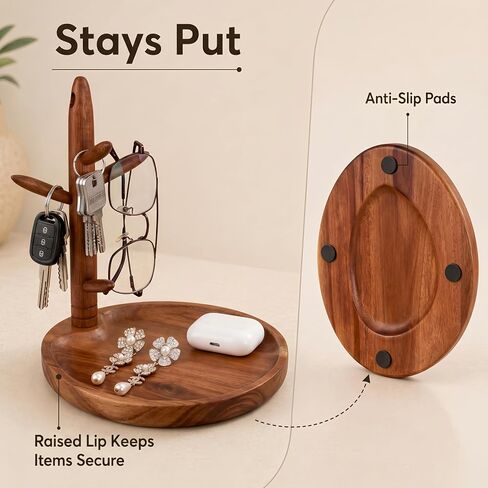 Solid Acacia Key Tray for Entryway Table, Key Holder with 5 Hooks and Catchall Tray, Organizer for Wallet, Watch, Jewelry, Dresser Nightstand Room Decor Gift in Saudi Arabia