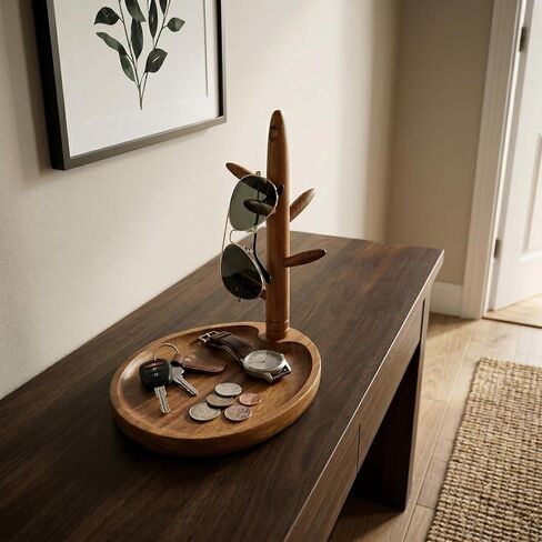 Solid Acacia Key Tray for Entryway Table, Key Holder with 5 Hooks and Catchall Tray, Organizer for Wallet, Watch, Jewelry, Dresser Nightstand Room Decor Gift in Saudi Arabia