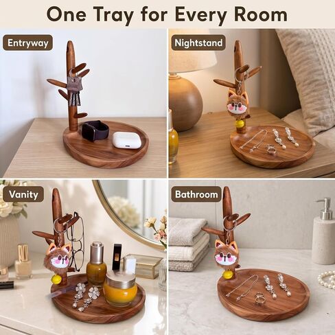 Solid Acacia Key Tray for Entryway Table, Key Holder with 5 Hooks and Catchall Tray, Organizer for Wallet, Watch, Jewelry, Dresser Nightstand Room Decor Gift in Saudi Arabia
