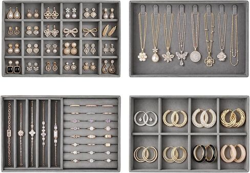 Jewelry Organizer for Drawer, Velvet Jewelry Drawer Organizer Inserts, 4-Layer Beige Stackable Jewelry Trays for Rings Earrings Necklaces Bracelets with Removable Dividers for Dresser Vanity in Saudi Arabia