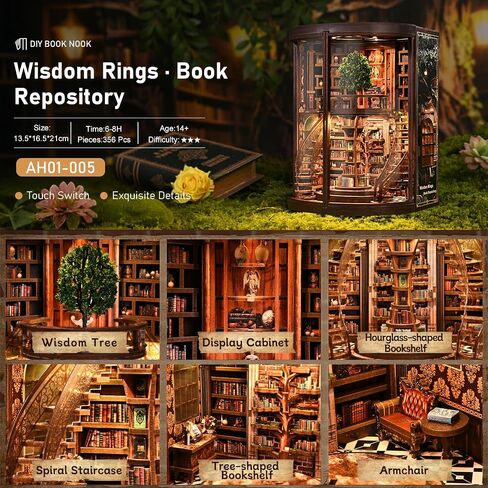 مجموعة زوايا الكتب - أرشيف كتب حلقات الحكمة - غلاف خشبي وألغاز ثلاثية الأبعاد مع ضوء LED، مجموعة DIY للبالغين، مجموعة ديوراما لتزيين رف الكتب، لأعياد الميلاد in Kuwait