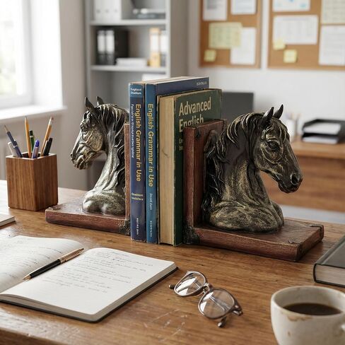 Horse Bookends Decorative Vintage Rustic Heavy Duty Book Ends Holders Stopper Unique Modern Farmhouse Fun for Shelves Bookshelf Desk Office, A Pair of Resin Animal Gift for Chinese New Year 2026, 7.5" in Kuwait