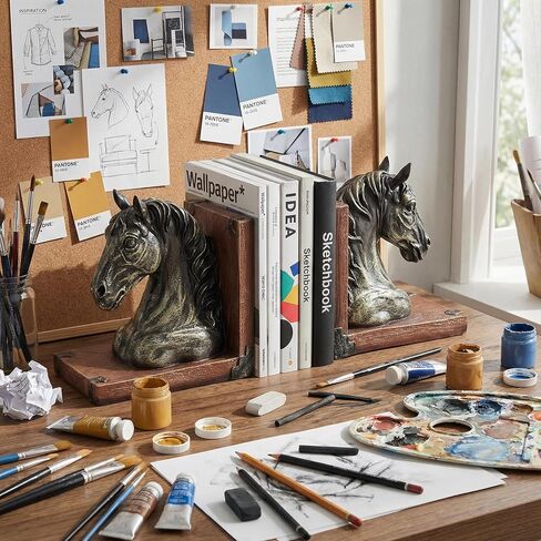 Horse Bookends Decorative Vintage Rustic Heavy Duty Book Ends Holders Stopper Unique Modern Farmhouse Fun for Shelves Bookshelf Desk Office, A Pair of Resin Animal Gift for Chinese New Year 2026, 7.5" in Kuwait