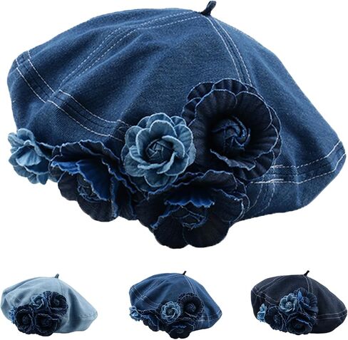 Beret Hat for Women French Artist Painter Beret Fashionable Cute Flower Denim Sun Hat Woman's French Denim Hats Gift in Kuwait