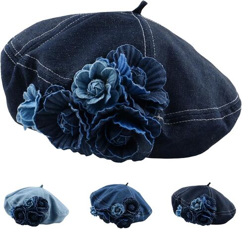 Beret Hat for Women French Artist Painter Beret Fashionable Cute Flower Denim Sun Hat Woman's French Denim Hats Gift in Kuwait