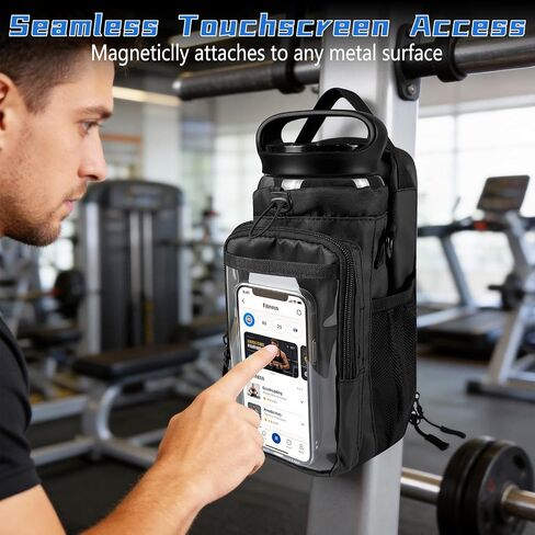 JACZZO Magnetic Gym Bag, Magnetic Gym Water Bottle Bag with Strap 4 Strong Magnets, Upgraded Clear Design Phone Bag, Gym Gifts for Men & Women Gym accessories (Black) in Saudi Arabia