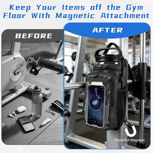 JACZZO Magnetic Gym Bag, Magnetic Gym Water Bottle Bag with Strap 4 Strong Magnets, Upgraded Clear Design Phone Bag, Gym Gifts for Men & Women Gym accessories (Black) in Saudi Arabia