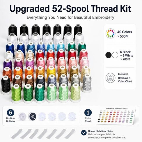 Simthread Upgraded 52pcs Polyester Machine Thread Kit – 40 Colors (500M) + 6 Black & 6 White (700M), for Embroidery and Sewing Machines in Saudi Arabia