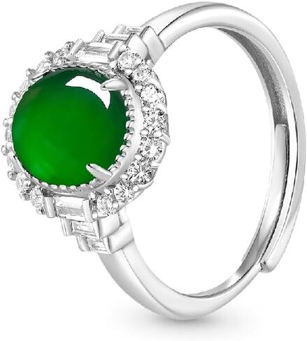 GNOCE 2.8ct الأخضر الطبيعي الجاديت هالة كابوشون حية حلقة مفتوحة قابلة للتعديل للنساء، S925 خاتم وعد الفضة الاسترليني لها، خاتم الزفاف للزوجة مجوهرات Girt in Kuwait