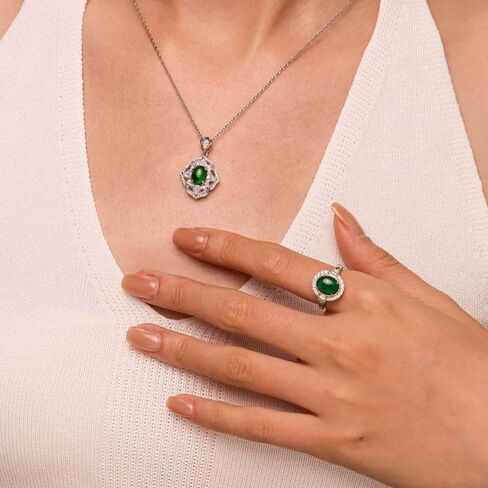 GNOCE 2.8ct الأخضر الطبيعي الجاديت هالة كابوشون حية حلقة مفتوحة قابلة للتعديل للنساء، S925 خاتم وعد الفضة الاسترليني لها، خاتم الزفاف للزوجة مجوهرات Girt in Kuwait