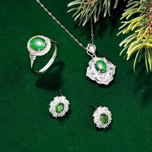 GNOCE 2.8ct الأخضر الطبيعي الجاديت هالة كابوشون حية حلقة مفتوحة قابلة للتعديل للنساء، S925 خاتم وعد الفضة الاسترليني لها، خاتم الزفاف للزوجة مجوهرات Girt in Kuwait