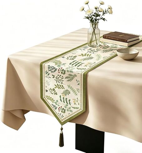 Green Botanical Leaf Print Table Runner with Tassel, Pointed End Natural Plant Pattern Long Table Scarf, Washable Decor Runner for Dining Table, Sideboard,for Home Decor (11.81 × 47.24 in) in Kuwait