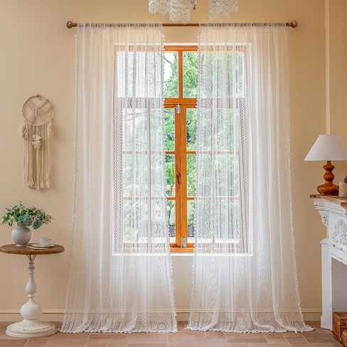 MYSKY HOME Terracotta Boho Lace Sheer Curtains 84 inch Length 2 Panels Burnt Orange Sheer Floral Vintage Bohemian Crochet Geometry Curtains with Tassels for Living Room Bedroom Rod Pocket, 55" W in Saudi Arabia