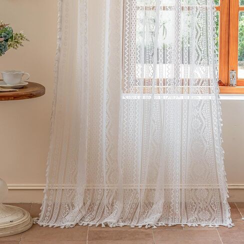MYSKY HOME Terracotta Boho Lace Sheer Curtains 84 inch Length 2 Panels Burnt Orange Sheer Floral Vintage Bohemian Crochet Geometry Curtains with Tassels for Living Room Bedroom Rod Pocket, 55" W in Saudi Arabia
