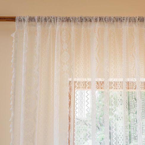 MYSKY HOME Terracotta Boho Lace Sheer Curtains 84 inch Length 2 Panels Burnt Orange Sheer Floral Vintage Bohemian Crochet Geometry Curtains with Tassels for Living Room Bedroom Rod Pocket, 55" W in Saudi Arabia
