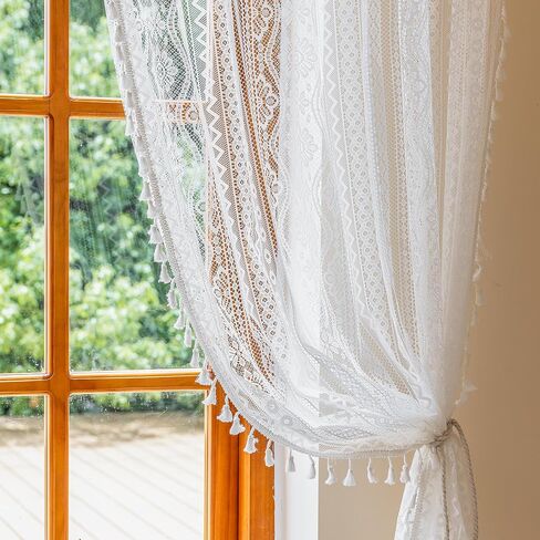 MYSKY HOME Terracotta Boho Lace Sheer Curtains 84 inch Length 2 Panels Burnt Orange Sheer Floral Vintage Bohemian Crochet Geometry Curtains with Tassels for Living Room Bedroom Rod Pocket, 55" W in Saudi Arabia